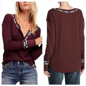 We The Free Womens Plum Rainbow Henley Thermal Knit Top Blouse Shirt Size Small